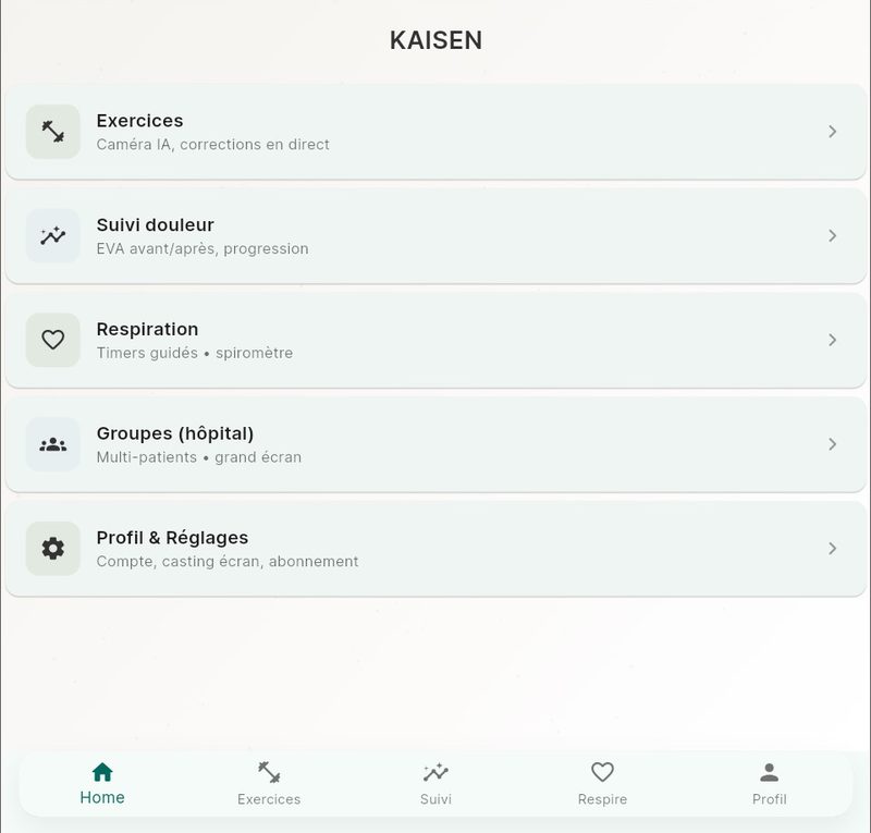 Menu principal de l'application KAISEN